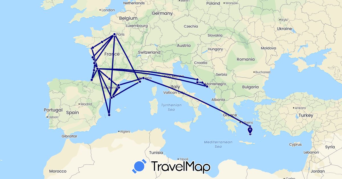 TravelMap itinerary: driving in Spain, France, Greece, Croatia (Europe)