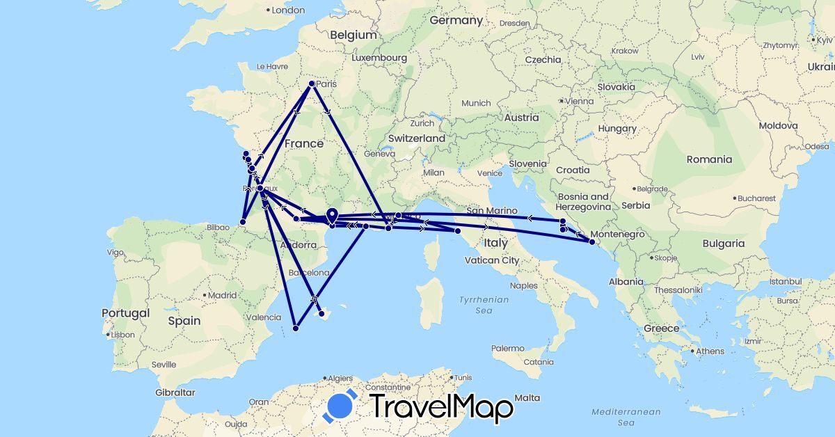 TravelMap itinerary: driving in Spain, France, Croatia, Italy (Europe)